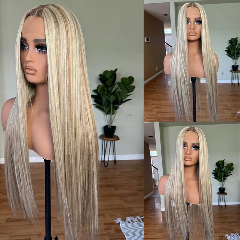 Highlight Ash Honey Blonde Lace Front Wig 13x4 Long Synthetic Hair Transparent Colored Lace Frontal Wigs For Women High Heat Wig