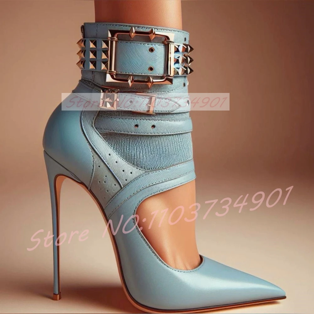 

Studded Buckle Strap Cut-Out Sandal Boots Women Splicing Pointy Toe High Heels Blue Leather Ankle Boots Lady Edgy Luxe Footwear