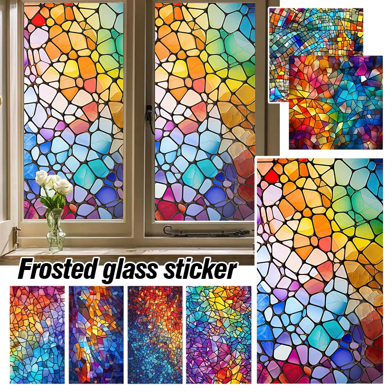 Retro Church Stained Glass Film Frosted Window Sticker Opaque Colorful Painting Art Privacy Stickers Bathroom Office Home Decor