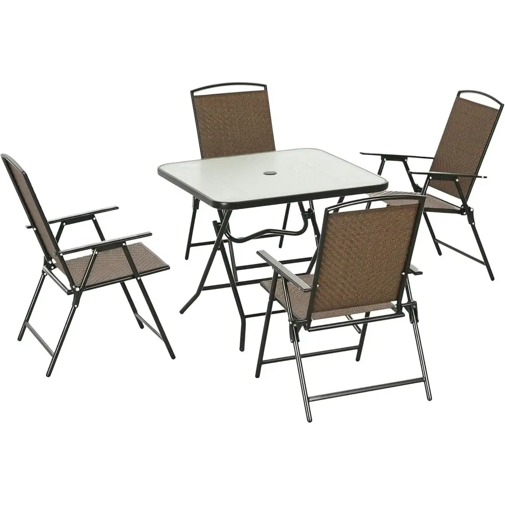 5-Piece Wicker Patio Dining Set with Tempered Glass Table, Brown, Umbrella Hole Included