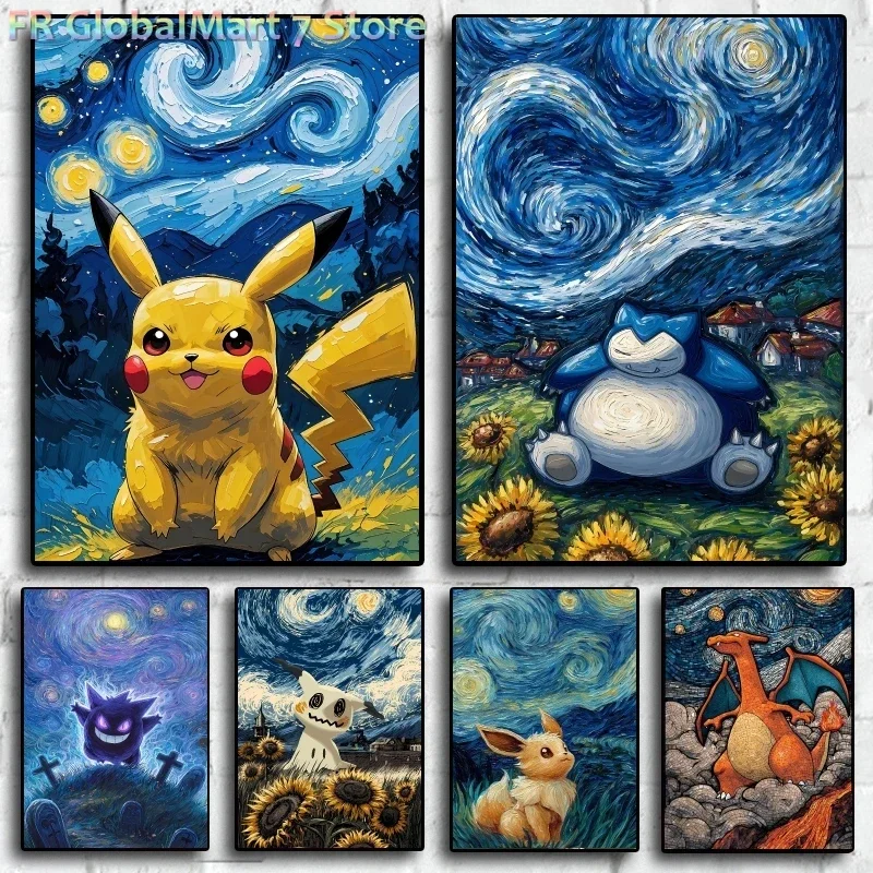 Pikachu Snorlax Van Gogh Themed Art Decorative Painting with Soft Colors and Cute Characters It Brings Vivid Colors To The Ro