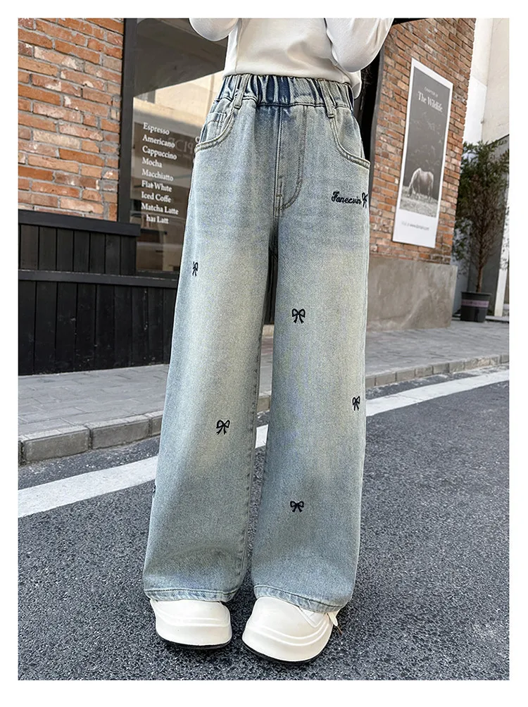 5-14 Jahre Frühling Herbst Mädchen-Jeans, modische Retro- und Vintage-Hose mit fünfzackigem Sternmuster und Stickerei, weit geschnittene Hose für Teenager-Mädchen – Detail 30