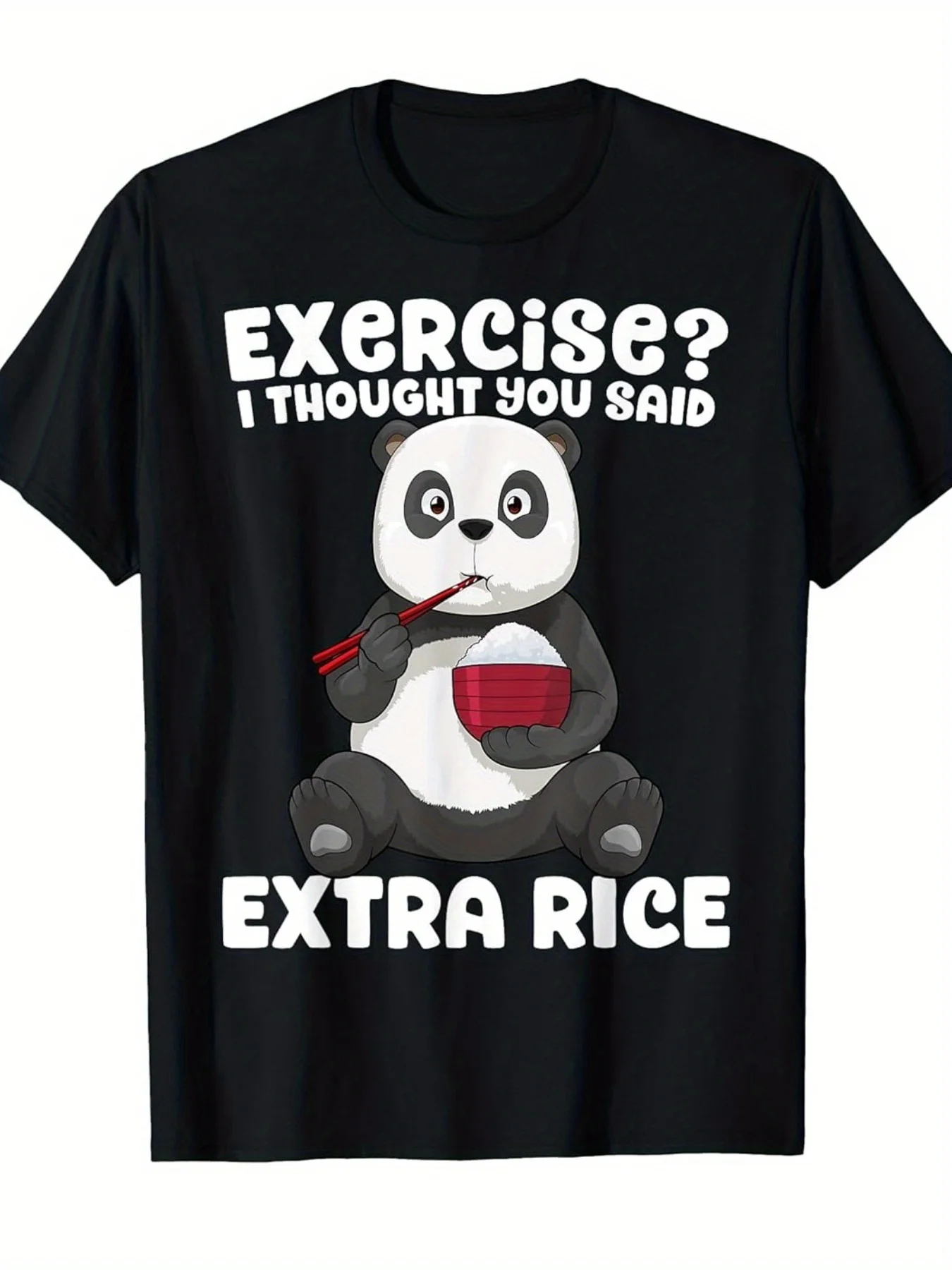 Camiseta divertida con diseño de panda comiendo arroz para hombre, camiseta retro con humor asiático y la frase "¿Hacer ejercicio?" Camiseta informal de manga corta con cuello redondo y estampado de "I Thought You Said Extra Rice", adecuada para el gimnasio y el uso informal, ropa para amantes de los pandas