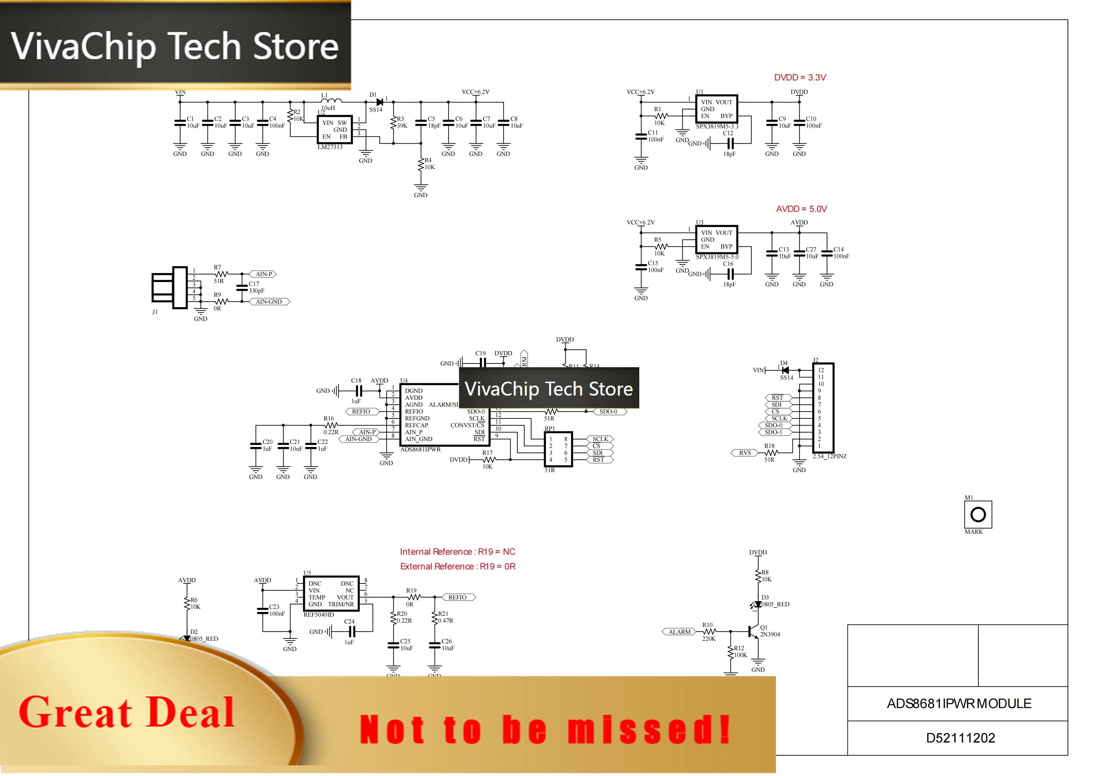VivaCTAds8681 Application Module 16bit 1msps Sar Adc Module Single Bipolar 2.56-12.288v Input