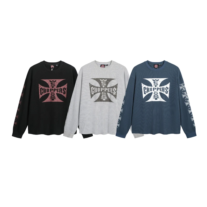 Waffle Long Sleeve West Coast Choppers Cross T Shirt Men Women Vintage Quick Dry Breathe Black Gray Blue Loose T-shirt Tops Tee