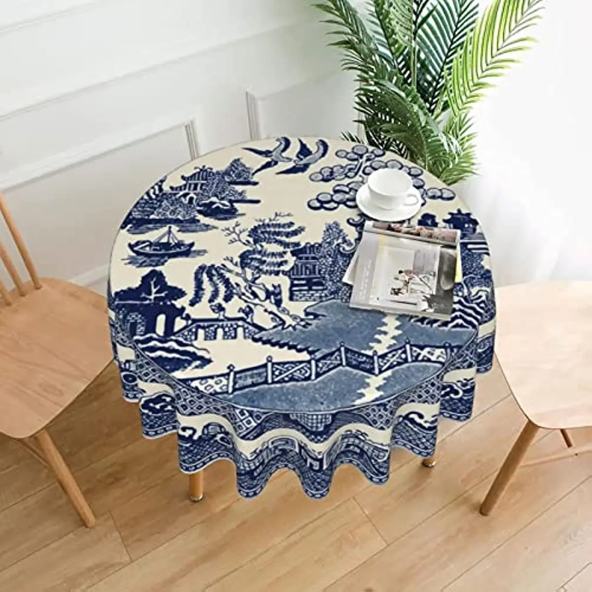 Chinese Blue Willow Soft Microfiber Round Table Cloth,Stain Wrinkle Resistant Washable Polyester 60 Inch Tablecloth for Dining