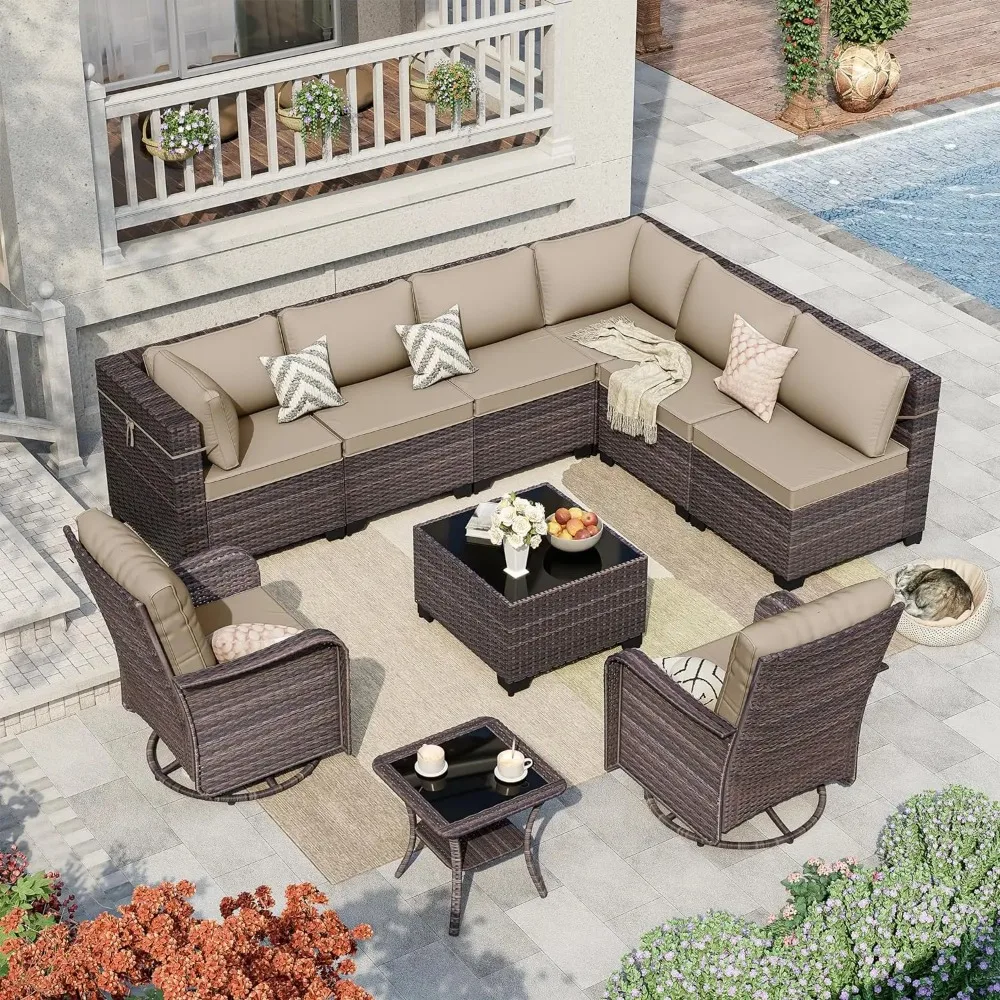 10PCS Patio Furniture Set,Outdoor Sofa Swivel Rocker Chairs Sets with Rattan Side Table, with Coffee Table and Brown Cushions