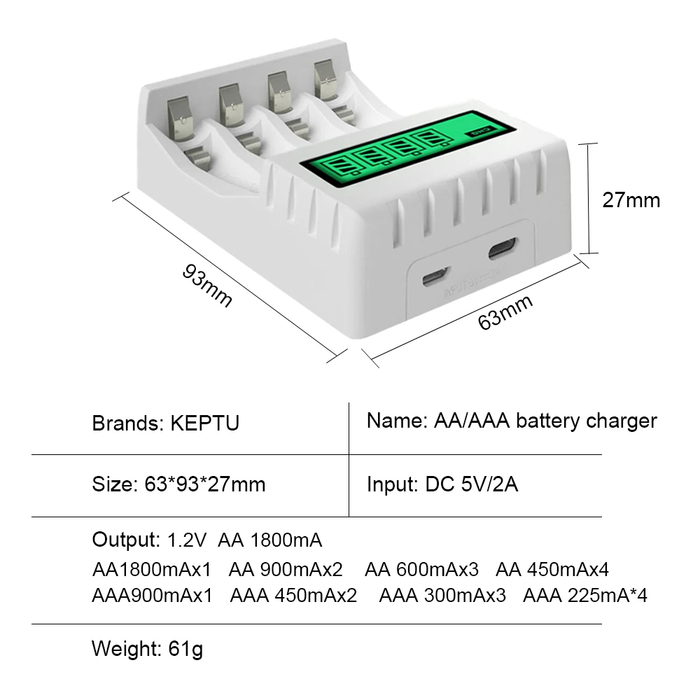 Keptu-充電式単三電池,ni-mh, 1.2v,LCD画面付き,単三電池用充電器