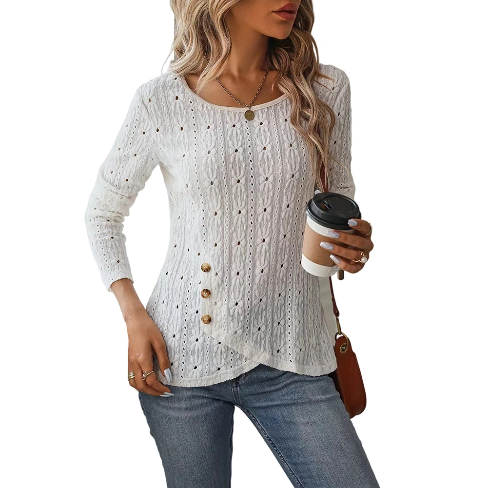 Elegant For Slim Fit Womens Jacquard Tshirt with Hollow Accents and Irregular Hem Long Sleeve Office Blouse M 2XL