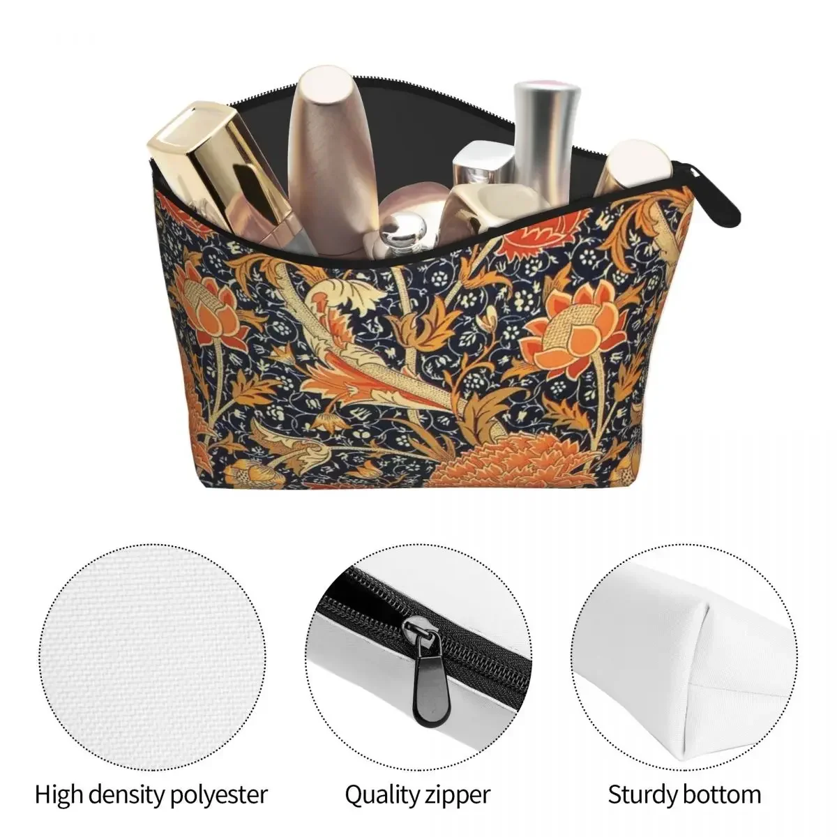 William Morris Orange Cray Floral Art Makeup Bag Women Travel Cosmetic Organizer Fashion Textile Pattern Storage Toiletry Bags