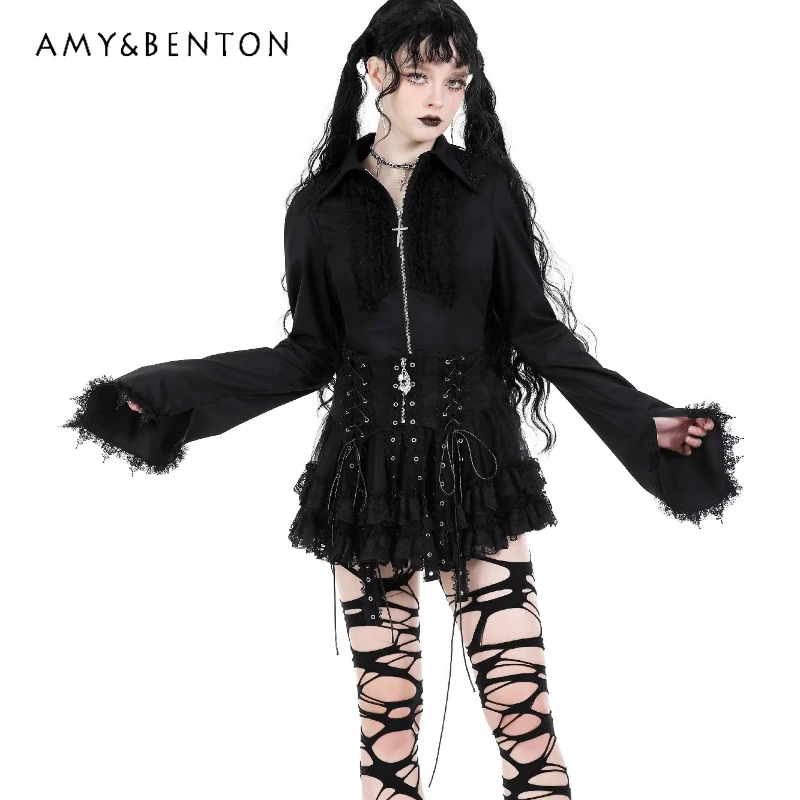 

Gothic Summer New Dark Women's Clothing Original Design Black Rivet Lace Hollow Out Sexy Sweet Cool Punk Style Half Skirt Ladies