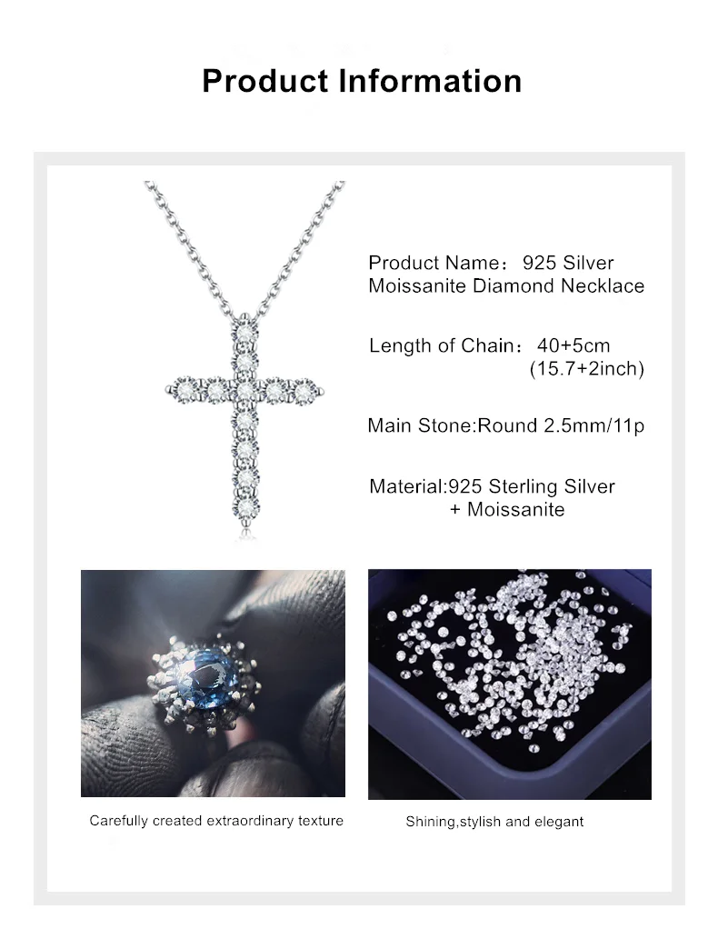 S925 white gold plated with cross pendant necklace moissanite loose stone for all guys' gift