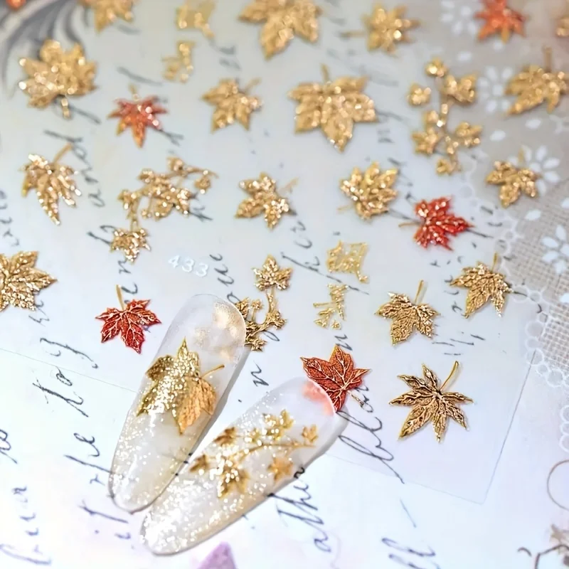 Autumn and Winter Gold Foil maple leaf Nail Stickers-Embossed Shiny Red maple leaf Nail Decoration, Suitable for Holiday Parties