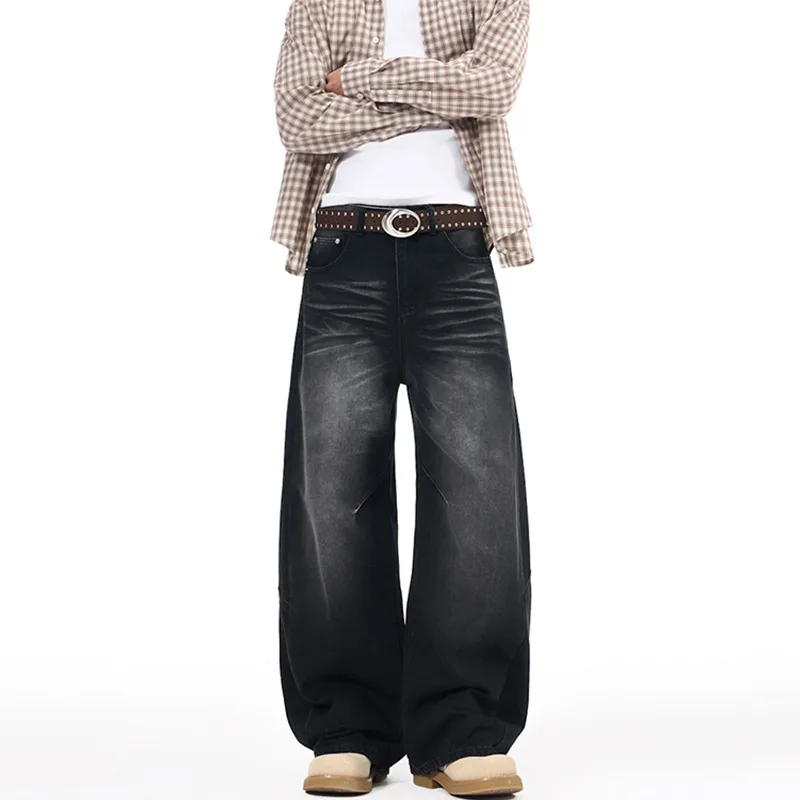 WTHT Fashion 2025 Winter Men's Wash Do Old Spliced High Street Denim Pants Vintage Wide Leg Loose Jeans Male 2A2551
