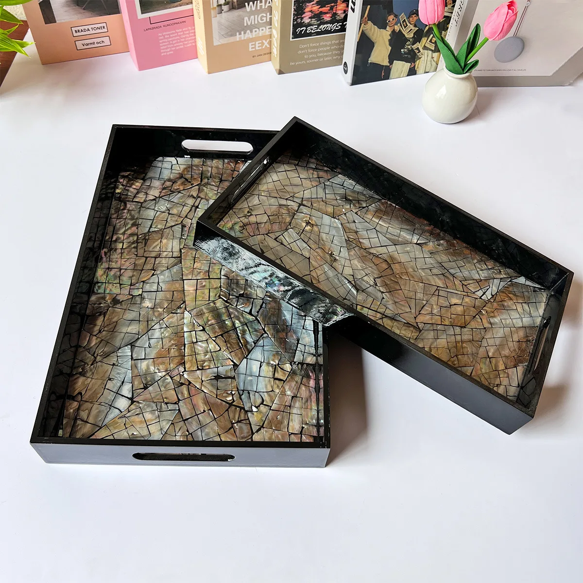

Light Luxury Natural Shells Household Storage Tray Rectangle Living Room Coffee Table Dim Sum Snack Storage for Household