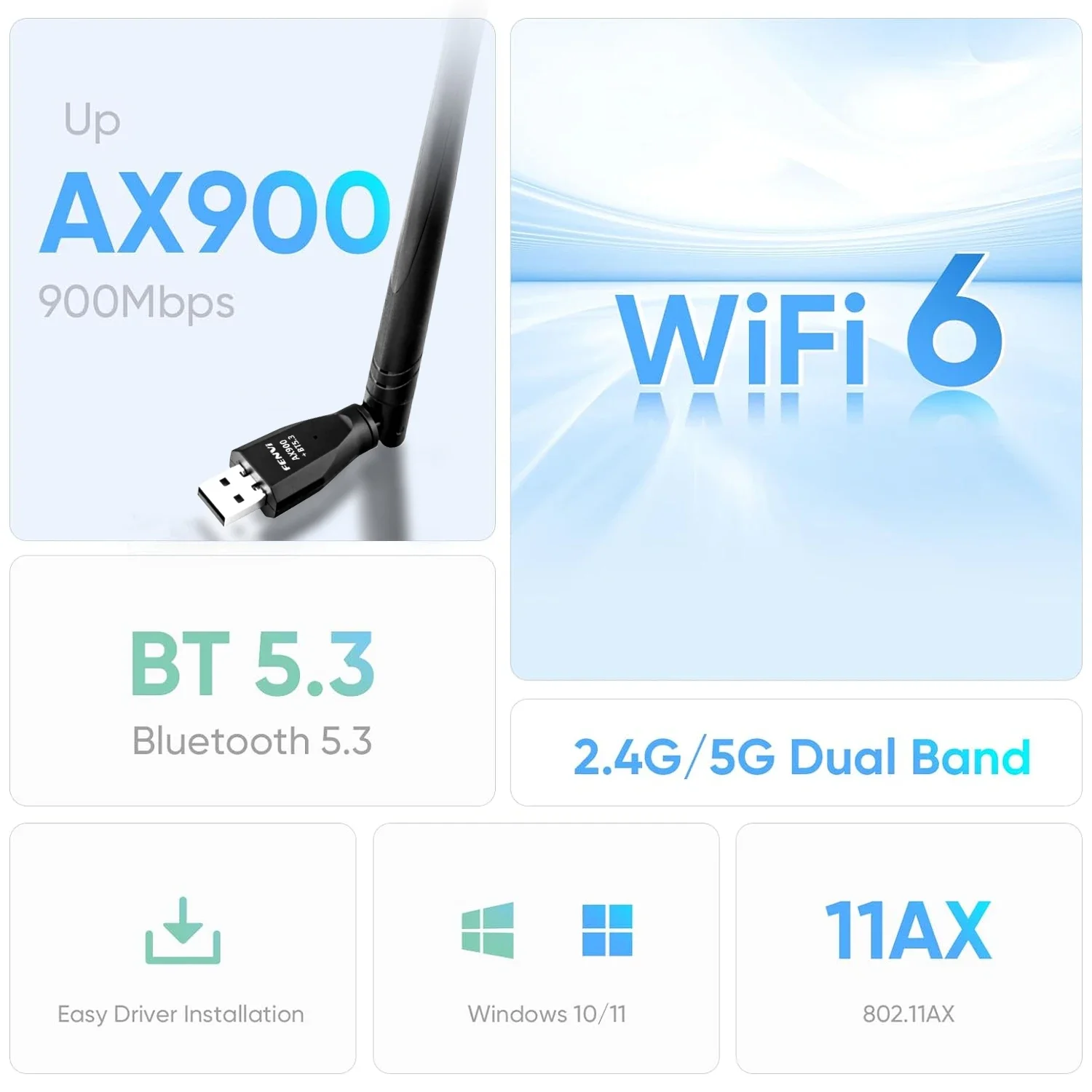 fenvi WiFi 6 AX900 USB Dongle Bluetooth 5.3 USB Wireless Adapter Dual Band 2in1 WIFI6 Receiver 2.4G 5G Free Driver For PC Laptop