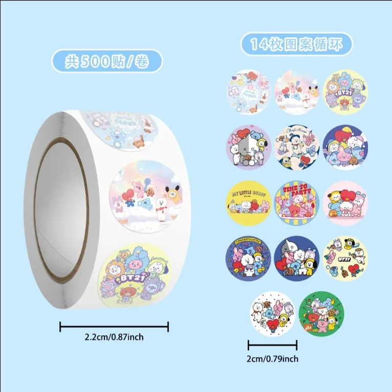 500Pcs BT21 Roll Stickers Cute Cartoon Doll Self Adhesive Sticker Fashion Decoration DIY Scrapbooking Birthday Gift for Fans ﻿