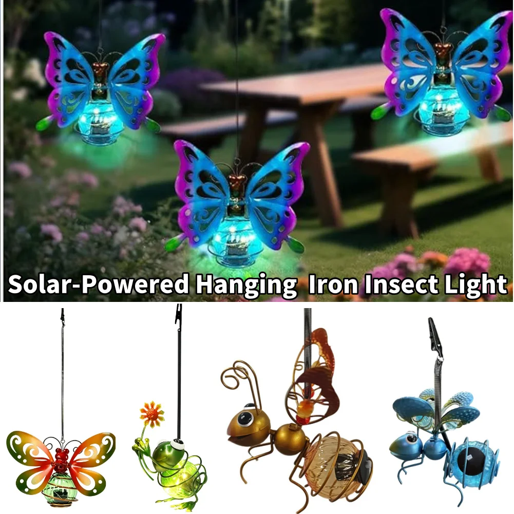 Solar Powered Iron Insect Statue With LED Light Outdoor Waterproof Hanging Animal Lights Tree Art Ornament For Fence Yard Garden