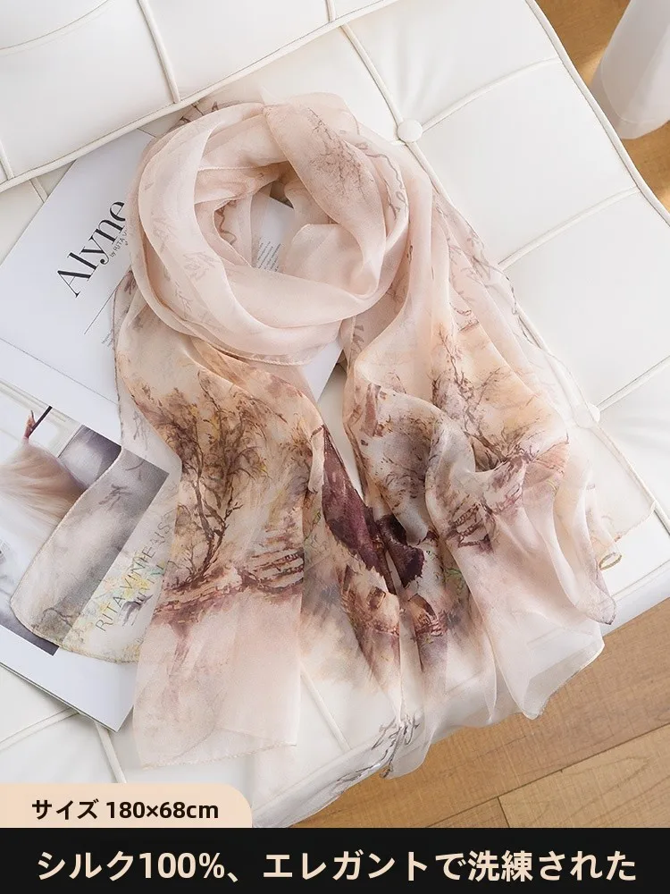 ベージュシルクスカーフ女性の薄いモデルネック保護高品質本物のシルクチャイナスタイルプリント春秋冬スカーフ