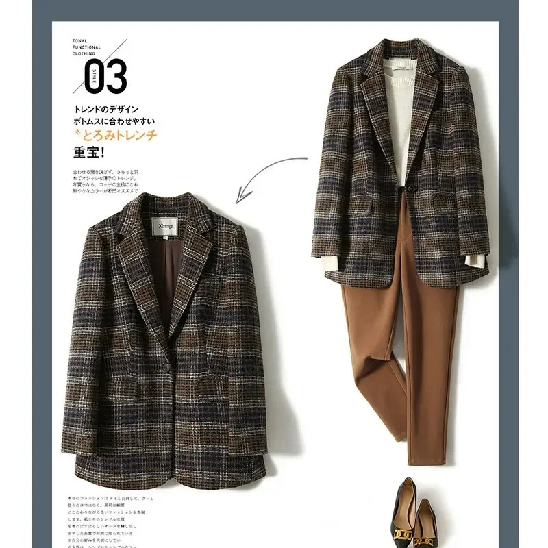 2022 autumn and winter new Korean version high-quality retro British style modern plaid waist wool blazer women