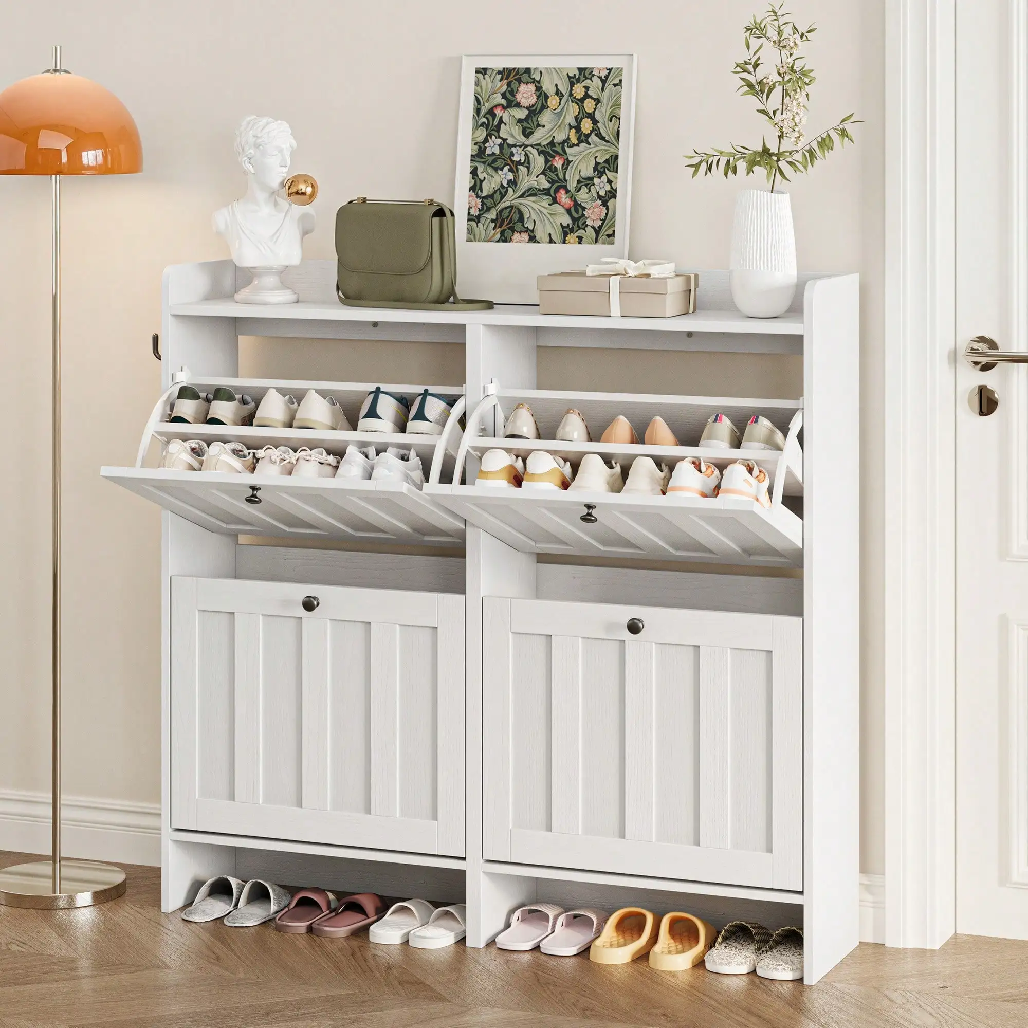 Asofer Shoe Storage Cabinet With 4 Flip Drawers, Narrow Freestanding Storage Organizer, Farmhouse Hidden Shoe Cabinet For Entrance, Hallway,White