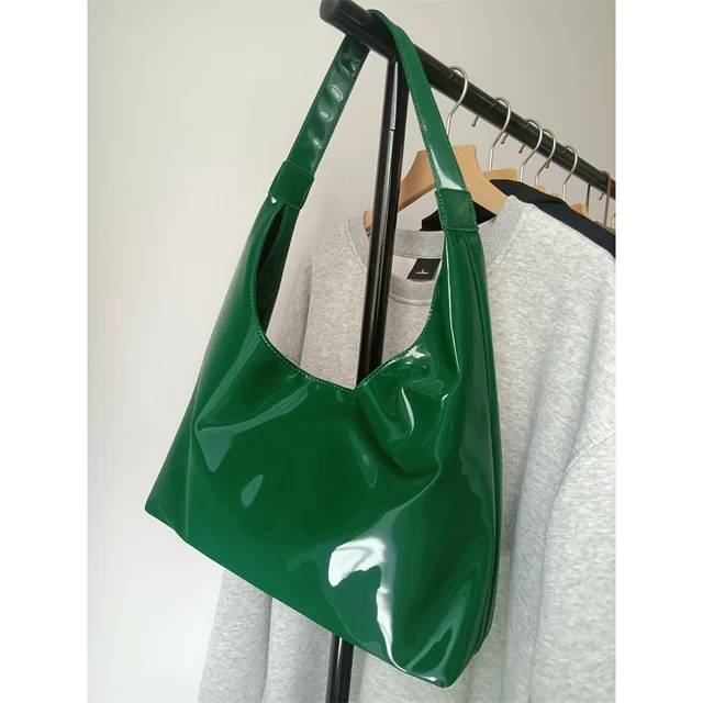 Vintage Green Tote Bags for Women Solid Glossy Patent Leather Satchels Handle Bags Large Capacity Female Casual Soft Pu Handbags