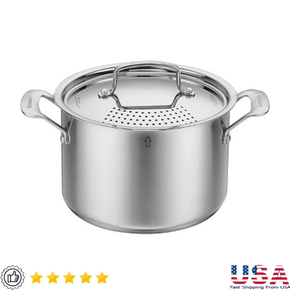 

Classic 5.75qt Stainless Steel Pasta Pot with Straining Lid Induction Safe Dishwasher Safe Riveted Handles Measurement Markings