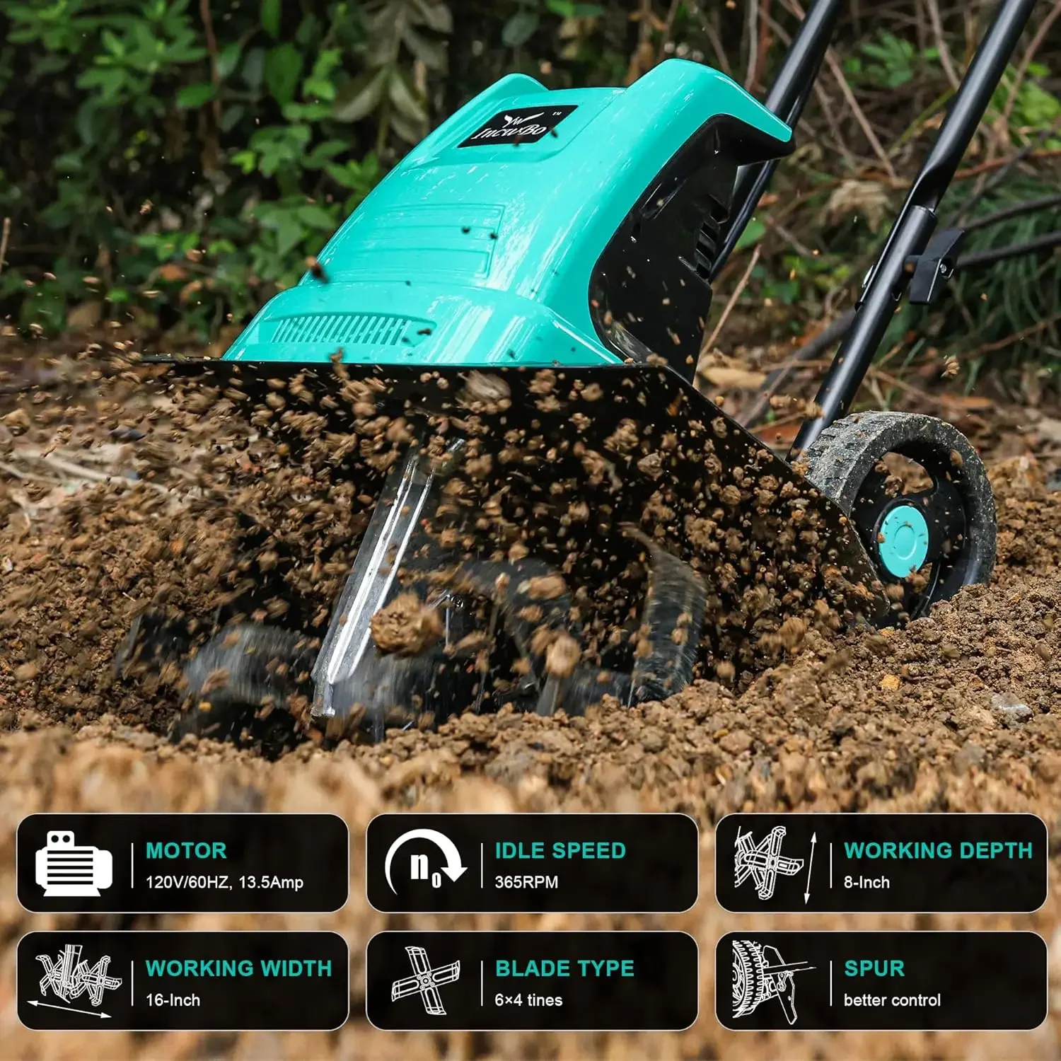 13.5AMP Rototiller for Garden Corded Electric Tiller Machine Garden Electric Cultivator 8Inch Depth 16Inch Width Tiller