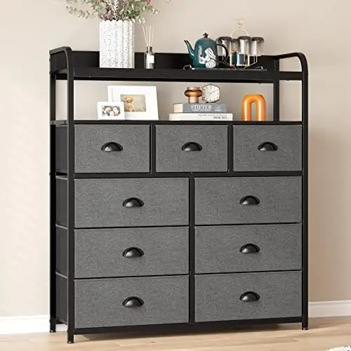 

Dresser for Bedroom, Chest of Drawers for Bedroom, 9 Drawer Fabric dresser,Tall Dresser for Closet, Black Dresser with Wood Top