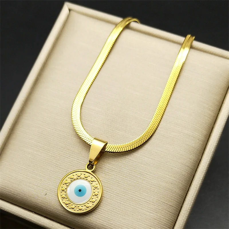 

Vintage Evil Demon Eye Choker Pendant Necklaces for Women Stainless Steel Gold Plated Blue Eye Round Medal Jewelry Gift
