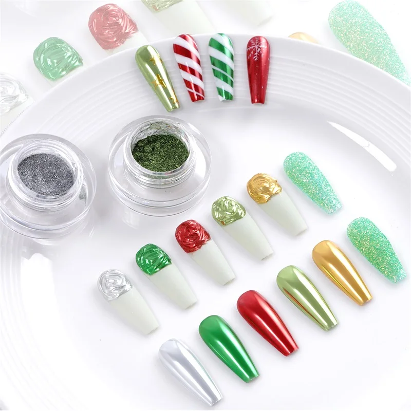 HNDO 6 Color Set Christmas Mirror Chrome Powder Nail Reflective Glitter for Nail Art Decoration Green Red Gold Pigment Dust