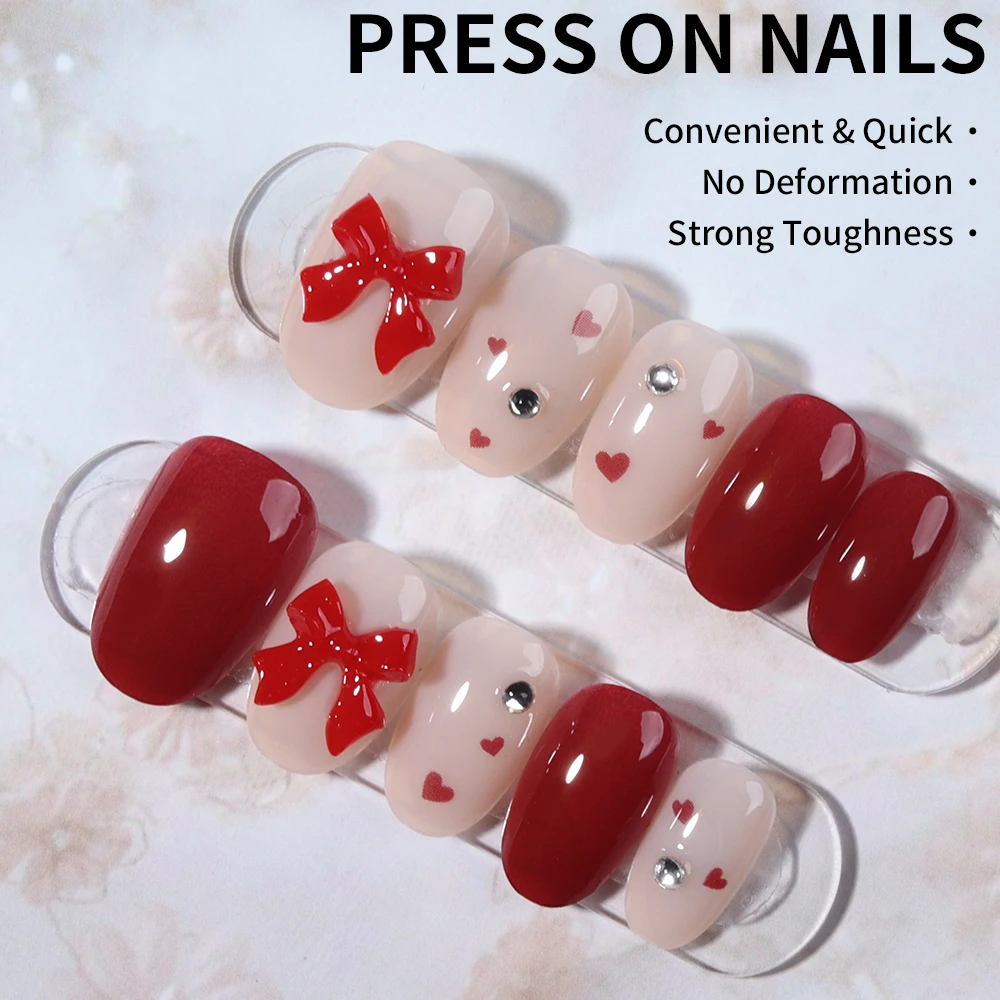 24個入り ショートオーバルボウ ラインストーンデザインチップ付き プレスオンネイル ショートフィット パーフェクトアクリル付け爪セット内容：1個 ジェリーグルー