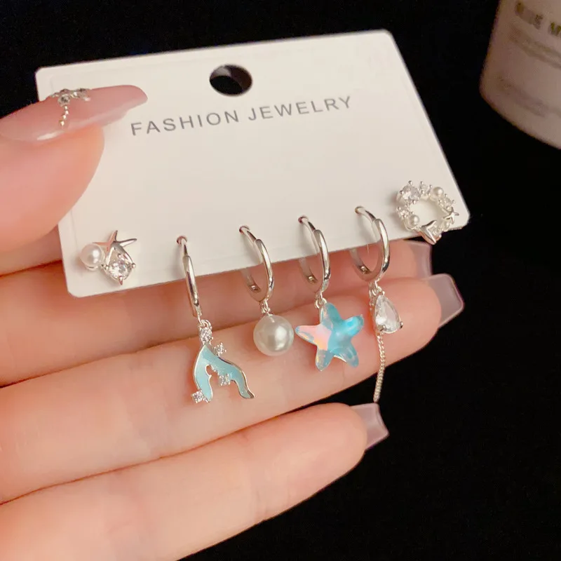 

6 pieces/set 925 Sterling Silver Zircon Shell Starfish Pearl Tassel Pendant Earrings Classic Fine Jewelry Summer Ocean Beach