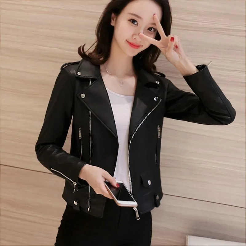 Women New Black Pu Jackets Chic Slim Solid Colors Pu Leather Jackets Zipper Long Sleeve Motorcycle Style Clothing Spring Autumn