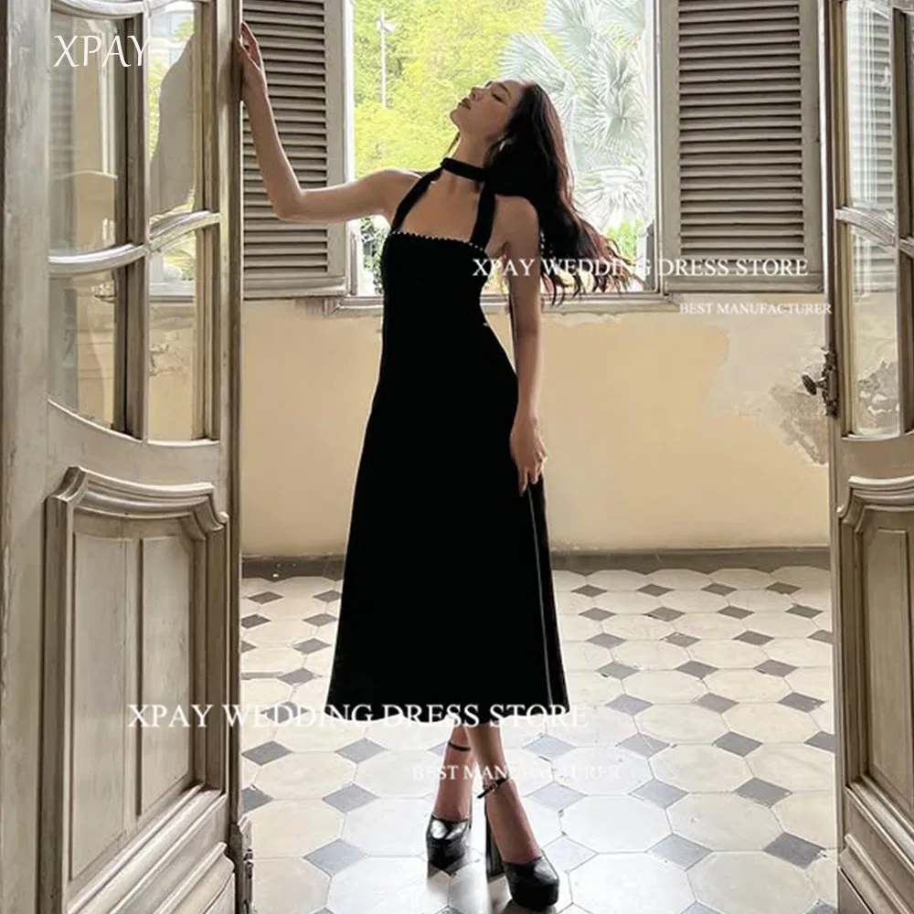 

XPAY Simple Halter Black Tea-Length Evening Dresses Wedding Photo shoot Adjustable scarf Matte Satin Formal Party Customized