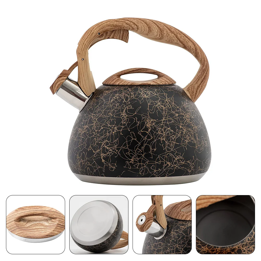 

1pc Stainless Steel Retro Portable Water Boiling Kettle Heat Resistant Practical Coffee Teapot Household Kettle Wood Grain Cover