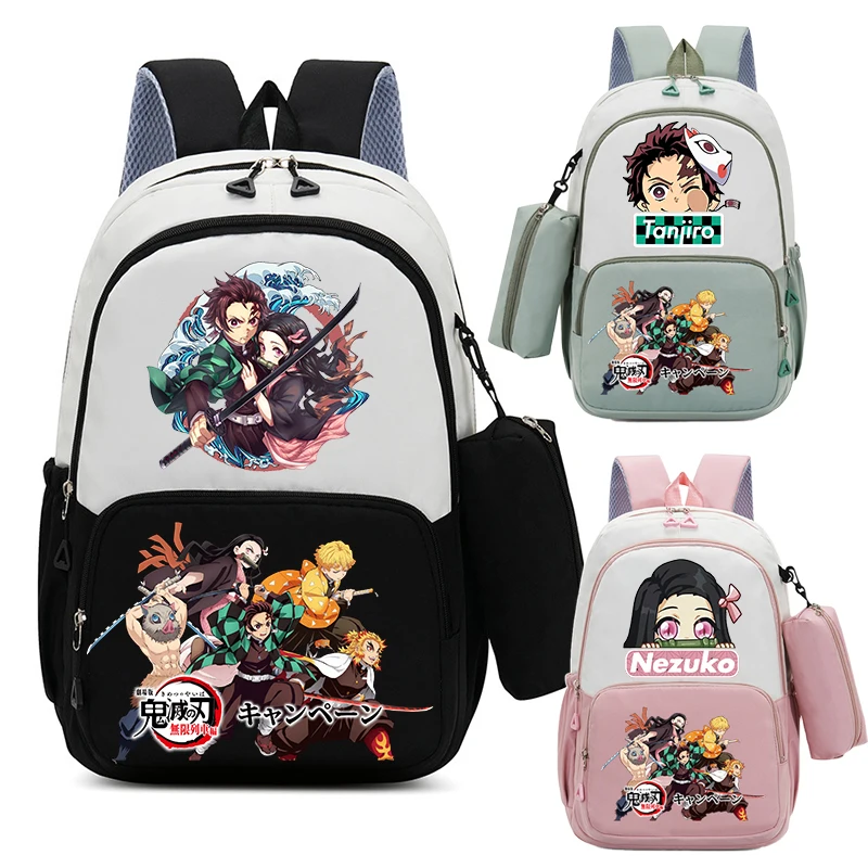 2 pçs demon slayers mochila lápis caso para menino menina kamado tanjirou adolescente bookbags mochila de viagem mochila escolar