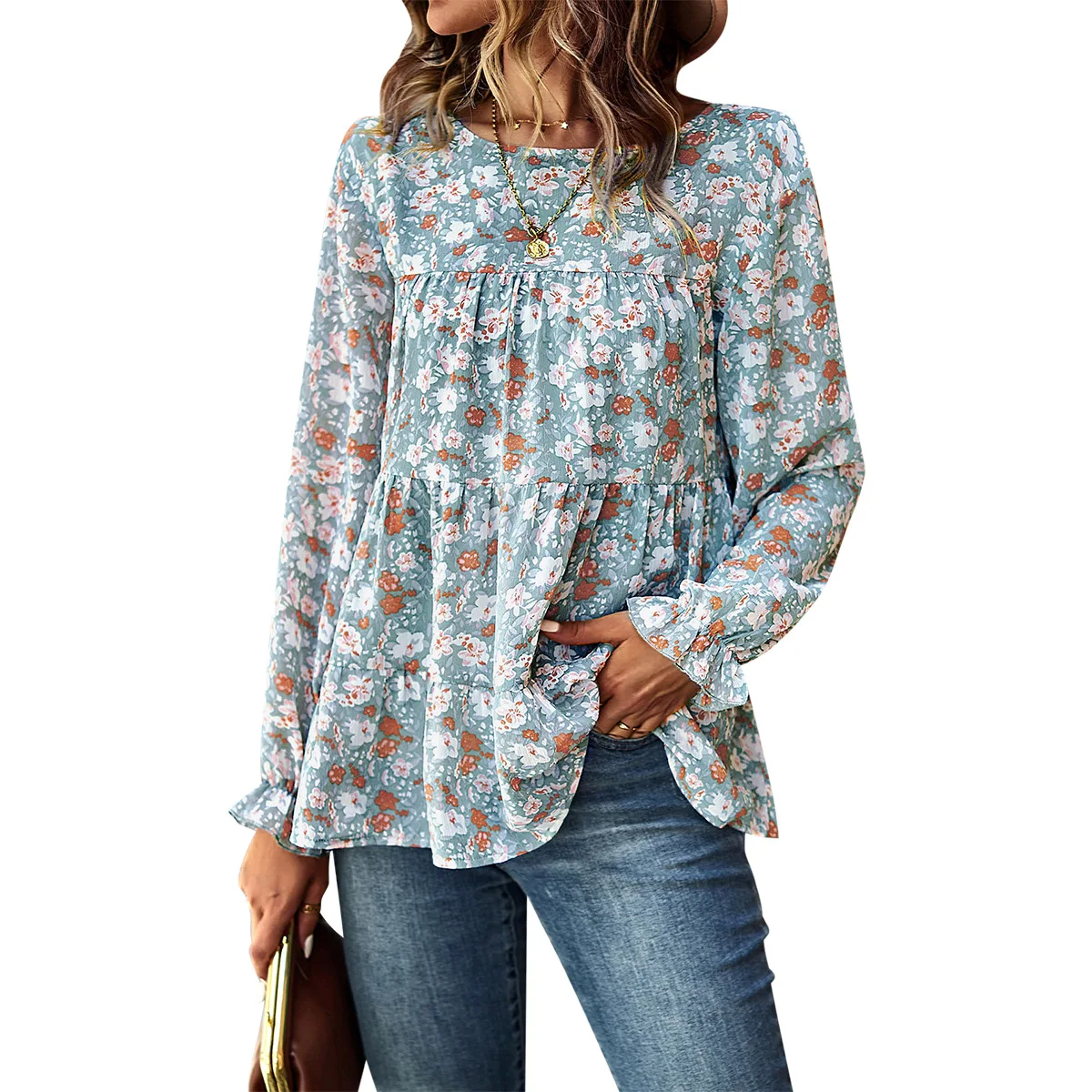 High Quality Women's 2024 Autumn Winter Temperament Casual Round Neck Long Sleeved Floral Top Ruffle Edge Y2k T-shirts Dress