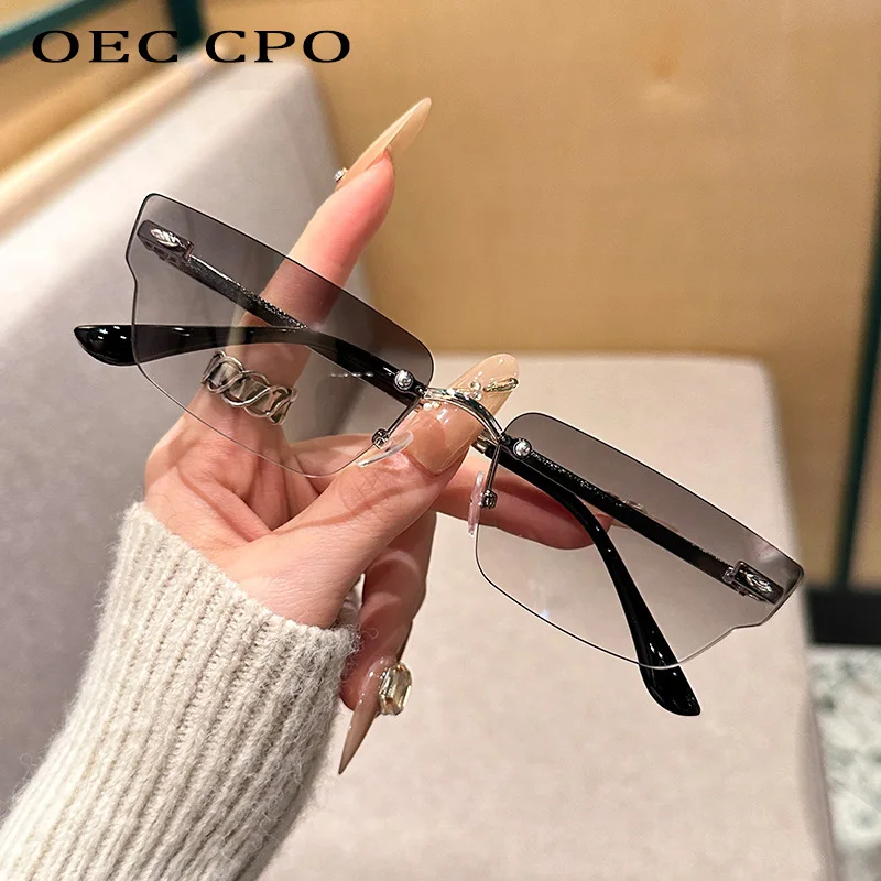 

Ins Popular Fashion Rimless Sunglasses Women Small Rectangle Clear Ocean Lens Sun Glasses Female Shades UV400 Trending Eyewear