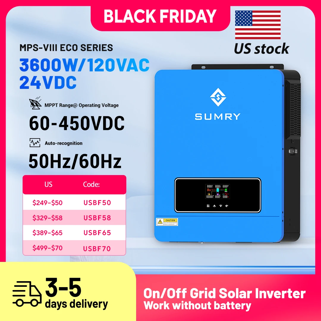 SUMRY العاكس للطاقة الشمسية 3.6KW 24V 120V موجة جيبية نقية تشغيل/إيقاف الشبكة العاكس MPPT 110A تحكم شاحن 120A الاستخدام المنزلي