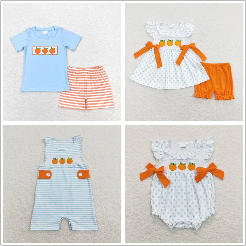 

New RTS Embroidery Clothing Orange Pattern Blue Short Sleeve Stripe Shorts Set
