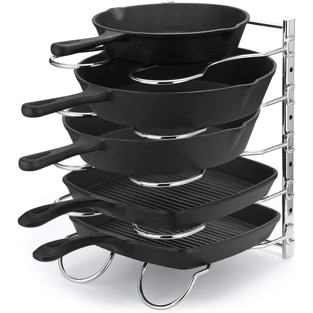 

Heavy Duty Pan Rack, Pot Lid Rack, Kitchen Cabinet Pantry Cookware Organizer Rack Holder with 5 Adjustable Dividers, Chrome