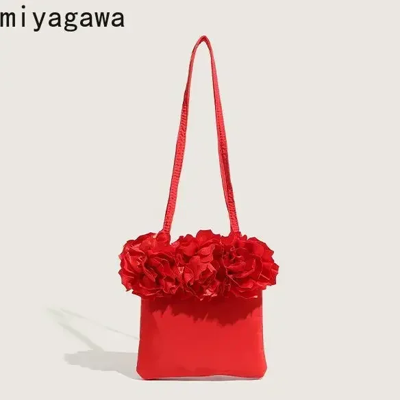 Miyagawa 2024 New Korean Niche Rose Flower Shoulder Bags Fashion Satin Handbag for Women