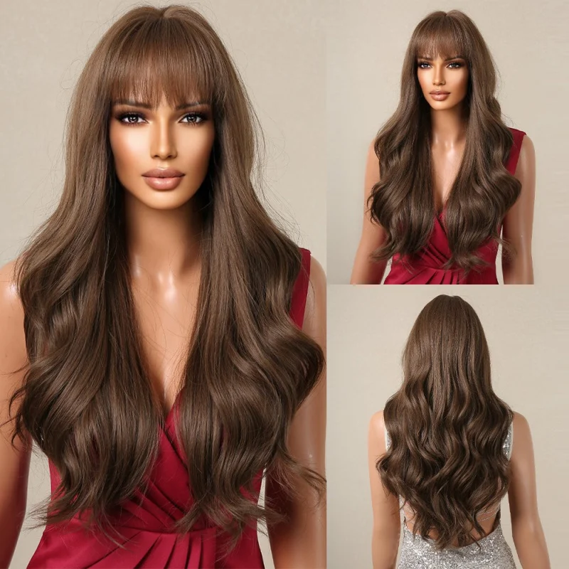 

Costume Wig With Bangs Brown Long Wavy Heat Resistant Synthetic Hair