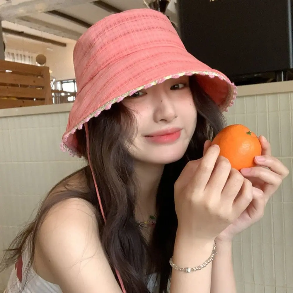 

Sunscreen Sweet Summer Fisherman Hat French Style Foldable Lace-up Sun Caps Japanese Big Brim Women's Sun Hat Spring