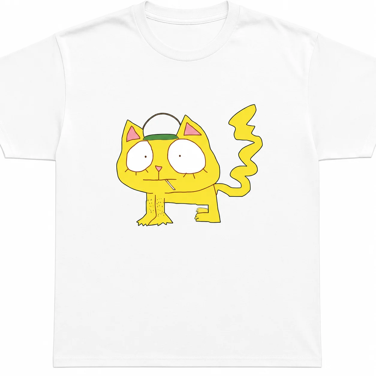 2026 Funny Yellow Cartoon Cat T-Shirt Unisex Cotton Short Sleeve Tee Weird Hand Drawn Cat Graphic Men Women Streetwear Casual