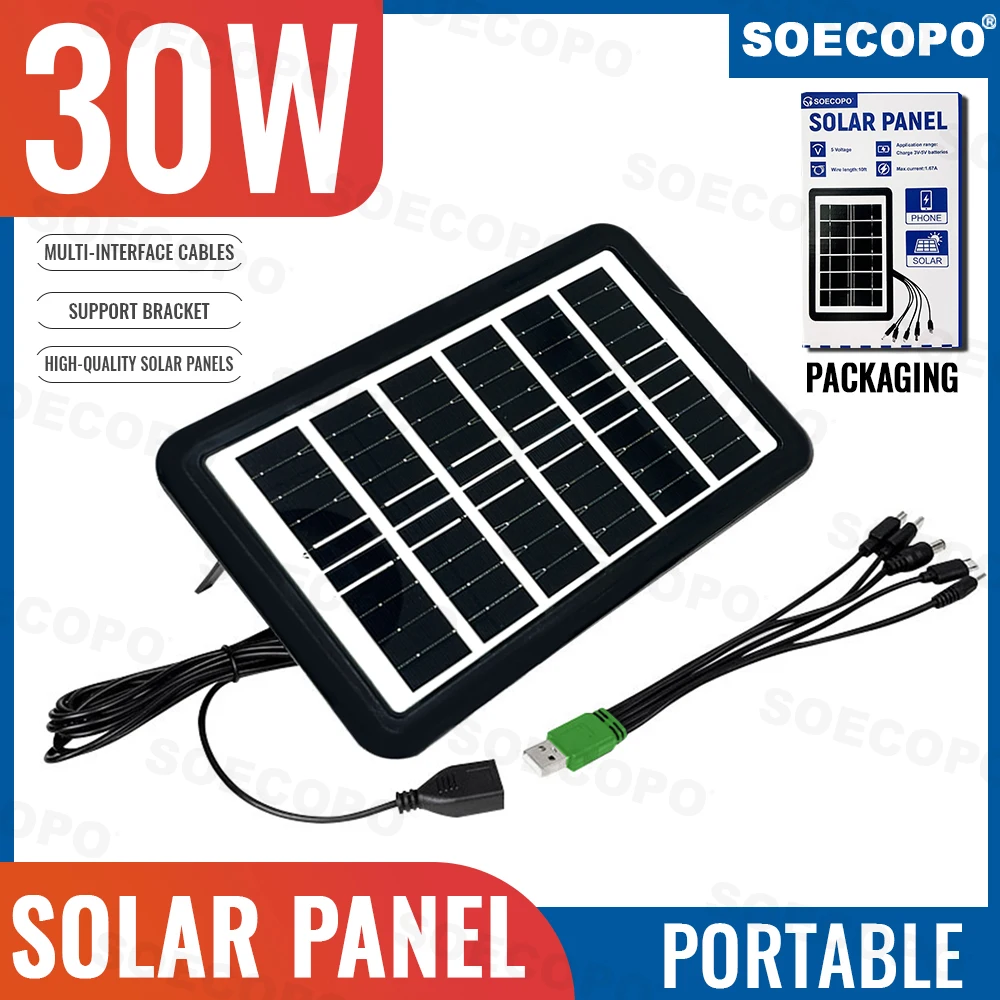 SOECOPO 30W Camping Portable Mon silicon Solar Panel 5V with 5 - in - 1 USB Cable, Support Bracket, Campers Outdoor Campers