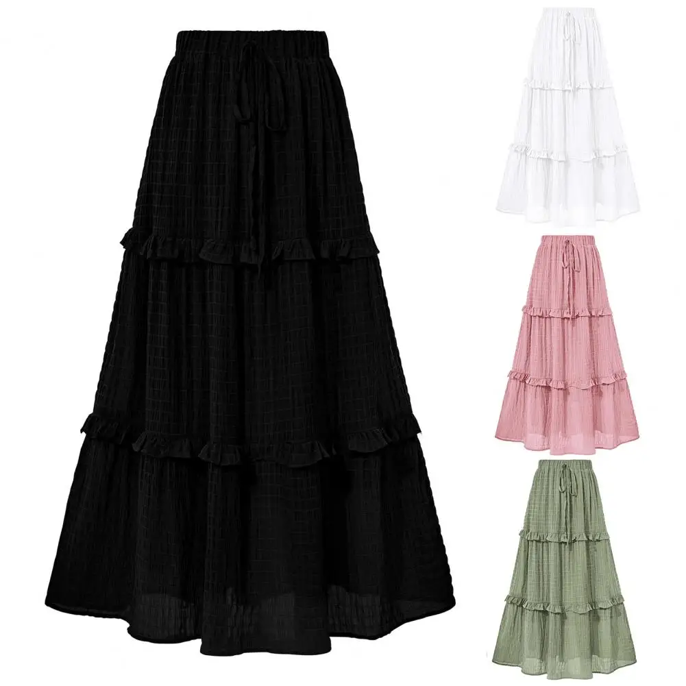 Women Midi Skirt Elastic High Waist Adjustable Drawstring Pleated Skirt Solid Color Ruffle Stitching A-Line Skirt Daily Wear