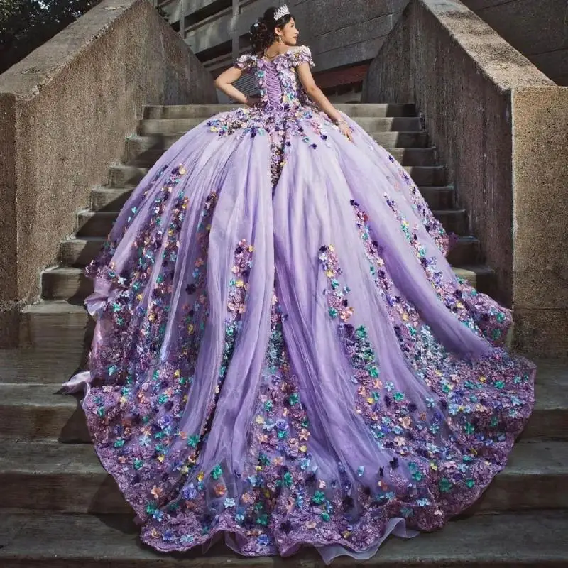 Elegant Lilac Princess Ball Gown Quinceanrea Dress 2024 3D Flower Purple Sweetheart XV Sweet 16 Dress Vestido De 15 Quinceañeras