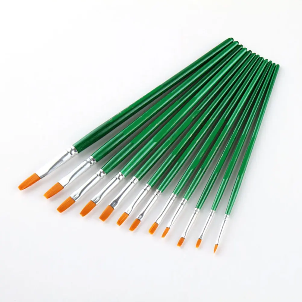 12Pieces Painting Brushes Set Green Wooden Handle Nylon Hairs Round Pointed Tips Double Crimped Ferrules Acrylic Oil Watercolor
